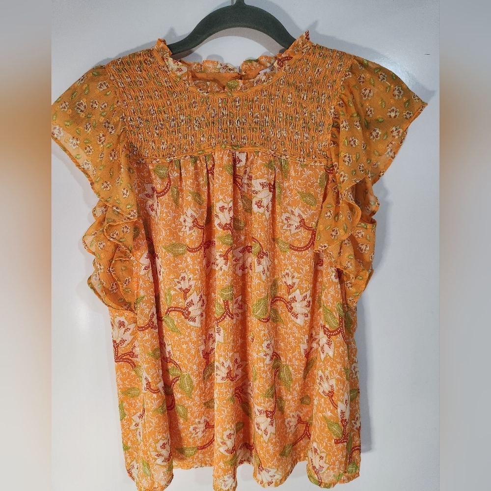 Floral Smocked Ruffle Sleeve Women's Top Orange, Size Med